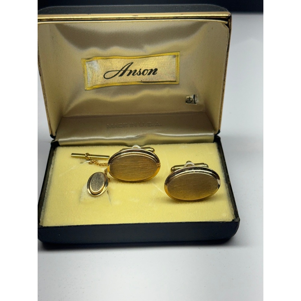 Anson Vintage Gold Tone Brushed Oval Cufflinks and Tie Tack Set with Box USA